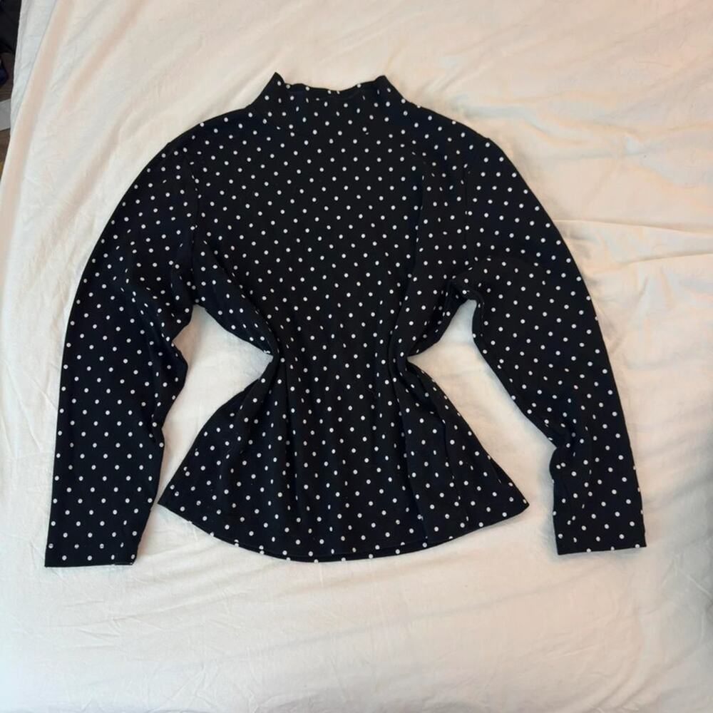 Black and white polka dot long sleeve blouse with mock neck